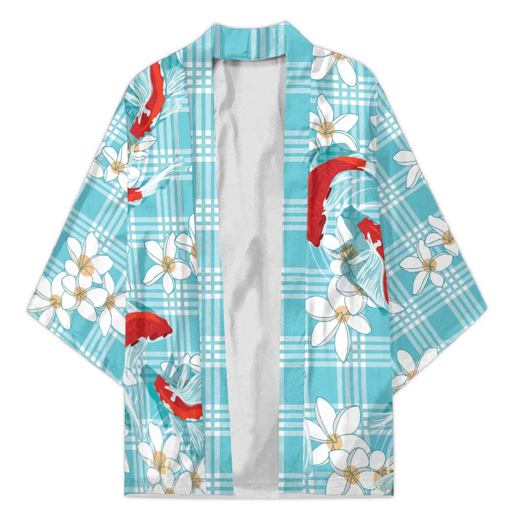 Turquoise Palaka Hawaii Aloha Kimono Koi Pond Mix Plumeria - Polynesian Pride