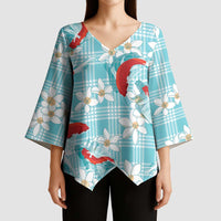 Turquoise Palaka Hawaii Aloha Kimono Sleeve Blouse Koi Pond Mix Plumeria - Polynesian Pride