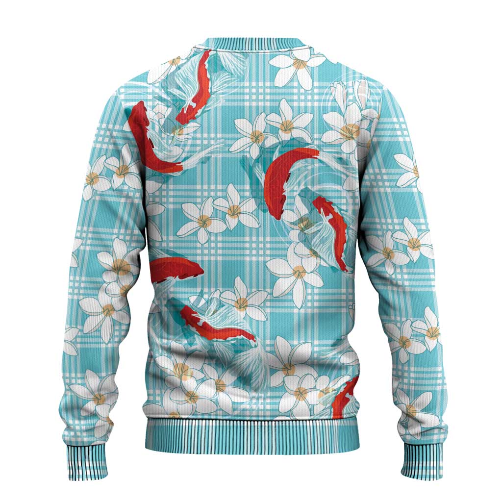Turquoise Palaka Hawaii Aloha Ugly Christmas Sweater Koi Pond Mix Plumeria - Polynesian Pride