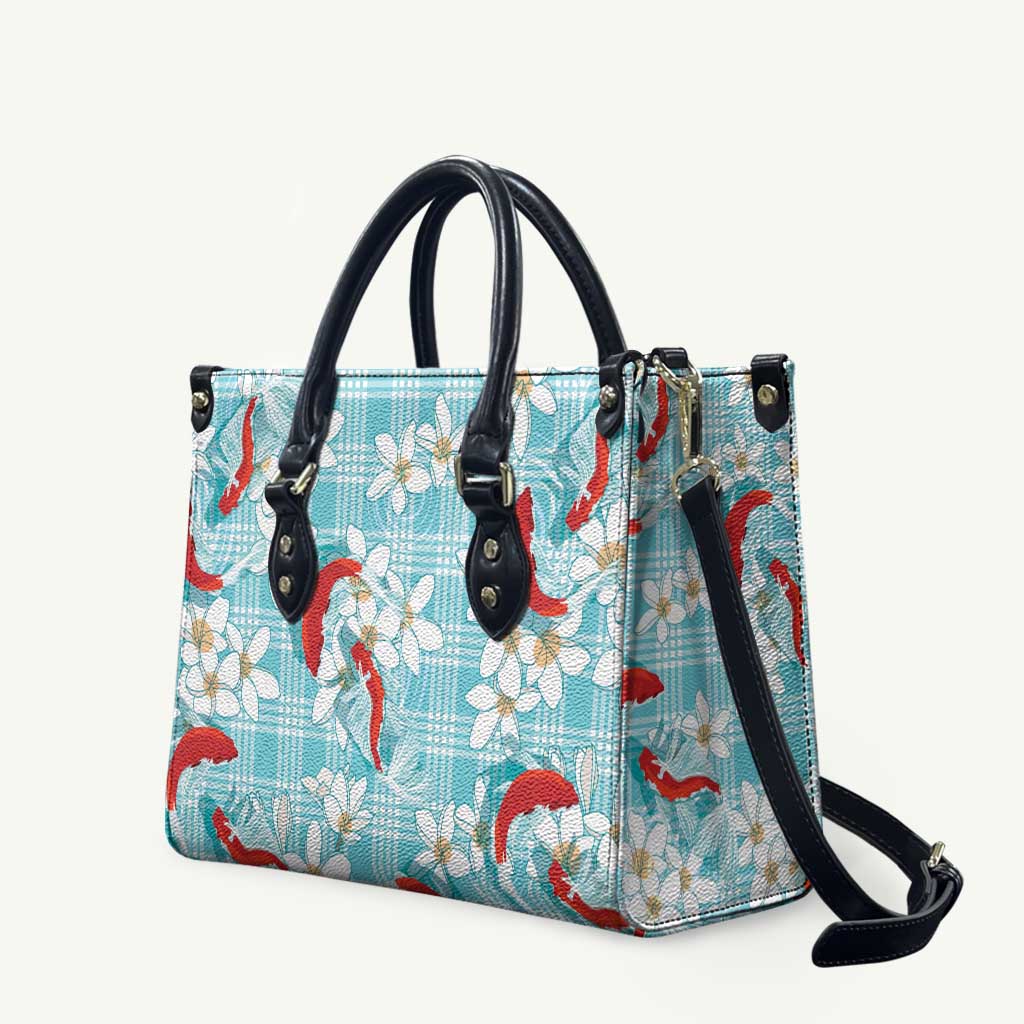 Turquoise Palaka Hawaii Aloha Leather Bag Koi Pond Mix Plumeria - Polynesian Pride