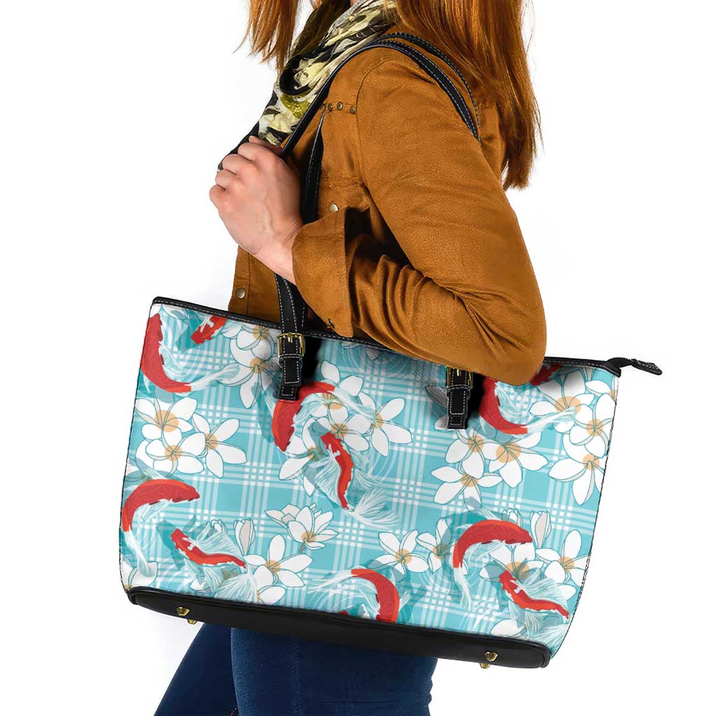 Turquoise Palaka Hawaii Aloha Leather Tote Bag Koi Pond Mix Plumeria LT7 Turquoise - Polynesian Pride