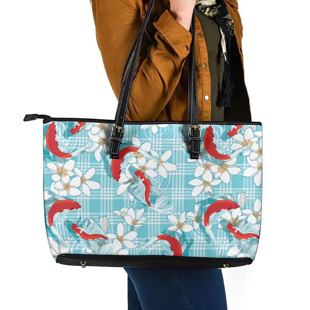 Turquoise Palaka Hawaii Aloha Leather Tote Bag Koi Pond Mix Plumeria LT7 - Polynesian Pride