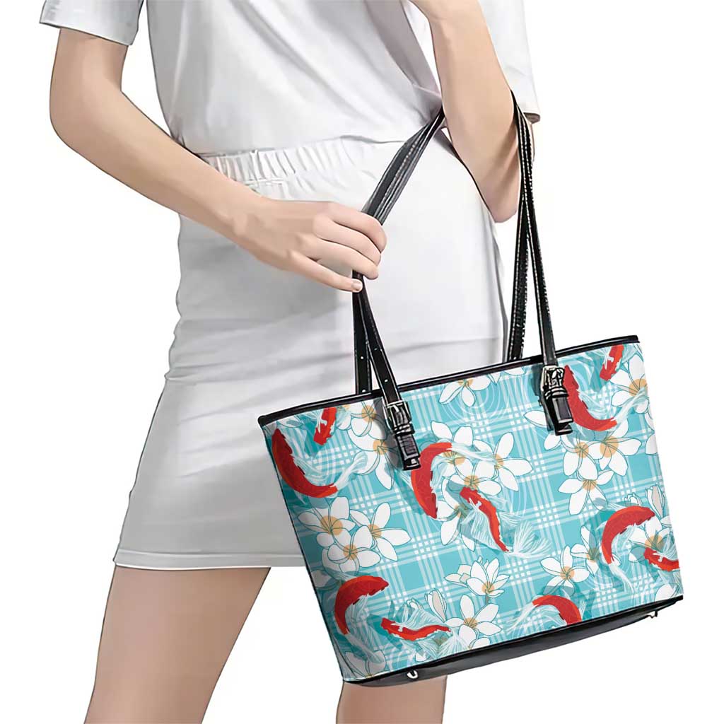 Turquoise Palaka Hawaii Aloha Leather Tote Bag Koi Pond Mix Plumeria LT7 - Polynesian Pride