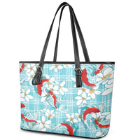 Turquoise Palaka Hawaii Aloha Leather Tote Bag Koi Pond Mix Plumeria LT7 - Polynesian Pride