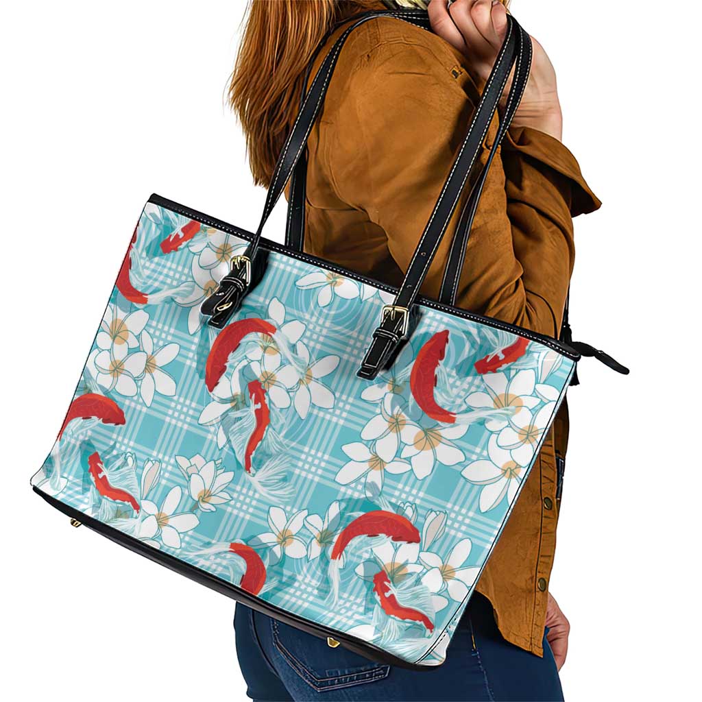 Turquoise Palaka Hawaii Aloha Leather Tote Bag Koi Pond Mix Plumeria LT7 - Polynesian Pride