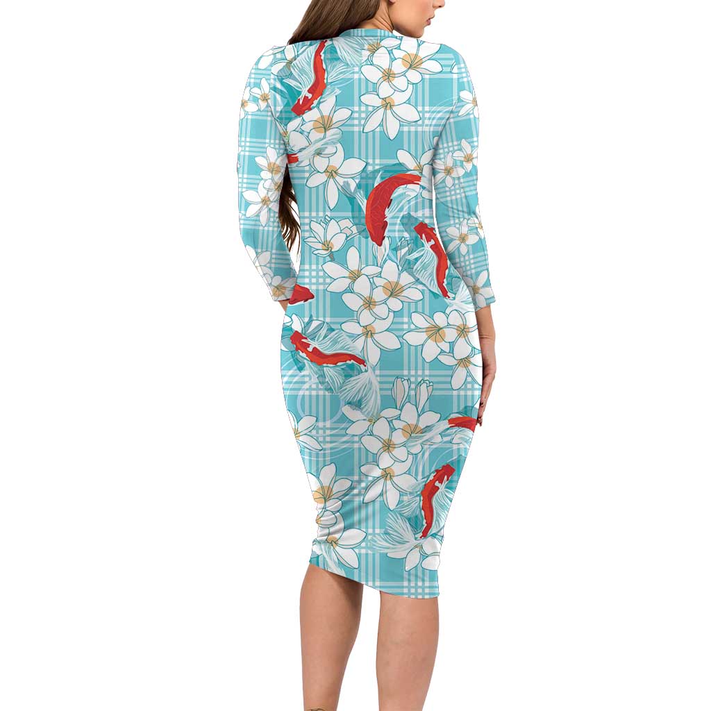 Turquoise Palaka Hawaii Aloha Long Sleeve Bodycon Dress Koi Pond Mix Plumeria - Polynesian Pride