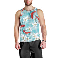 Turquoise Palaka Hawaii Aloha Men Tank Top Koi Pond Mix Plumeria - Polynesian Pride