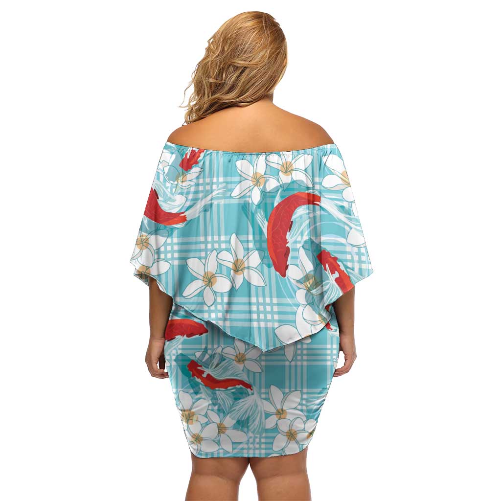 Turquoise Palaka Hawaii Aloha Off Shoulder Short Dress Koi Pond Mix Plumeria - Polynesian Pride