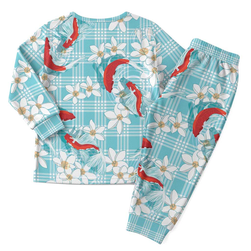 Turquoise Palaka Hawaii Aloha Christmas Pajama Set Koi Pond Mix Plumeria - Polynesian Pride