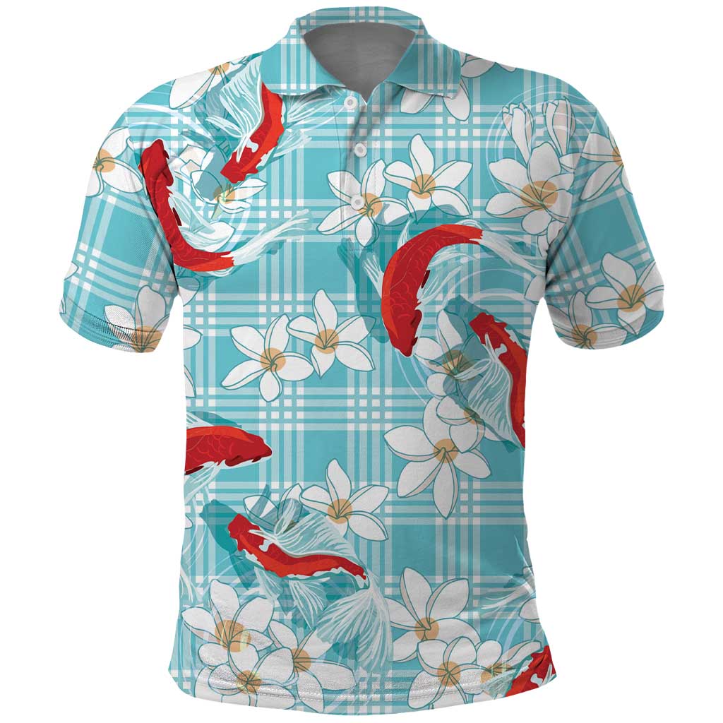 Turquoise Palaka Hawaii Aloha Polo Shirt Koi Pond Mix Plumeria LT7 Turquoise - Polynesian Pride