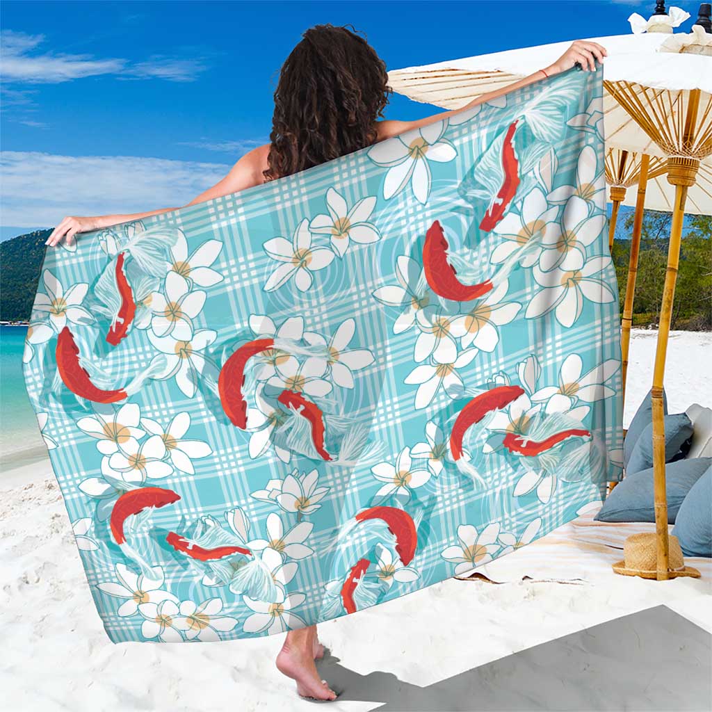 Turquoise Palaka Hawaii Aloha Sarong Koi Pond Mix Plumeria - Polynesian Pride