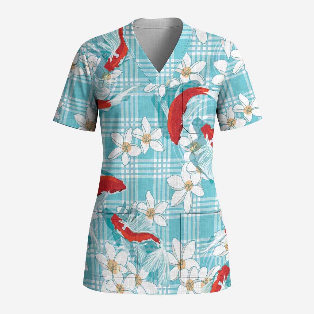 Turquoise Palaka Hawaii Aloha Scrub Top Koi Pond Mix Plumeria - Polynesian Pride