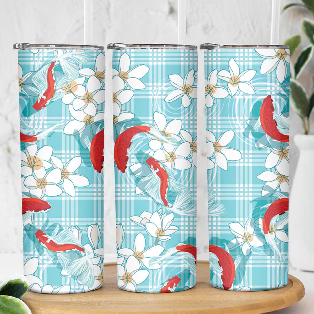Turquoise Palaka Hawaii Aloha Skinny Tumbler Koi Pond Mix Plumeria - Polynesian Pride