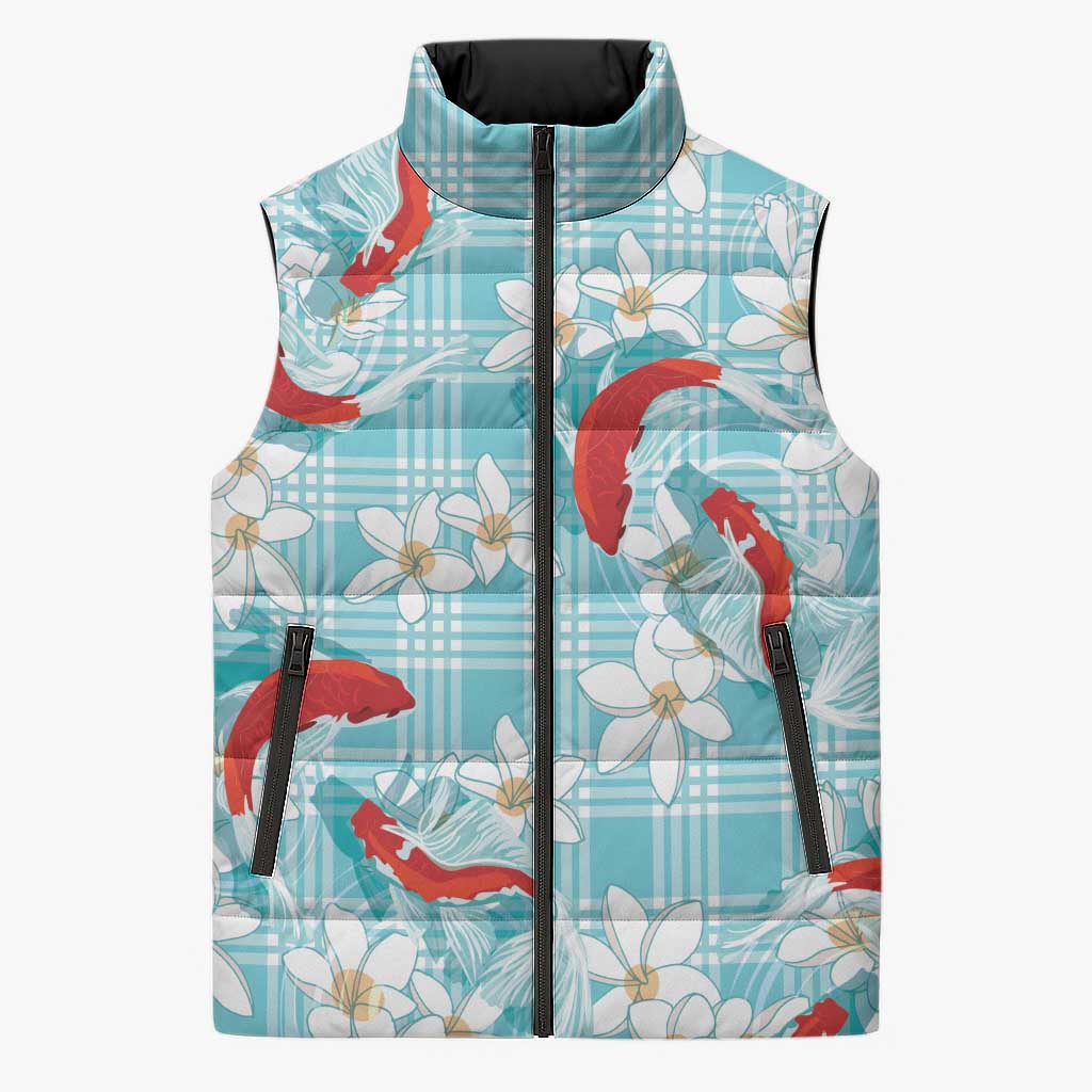 Turquoise Palaka Hawaii Aloha Sleeveless Puffer Jacket Koi Pond Mix Plumeria - Polynesian Pride