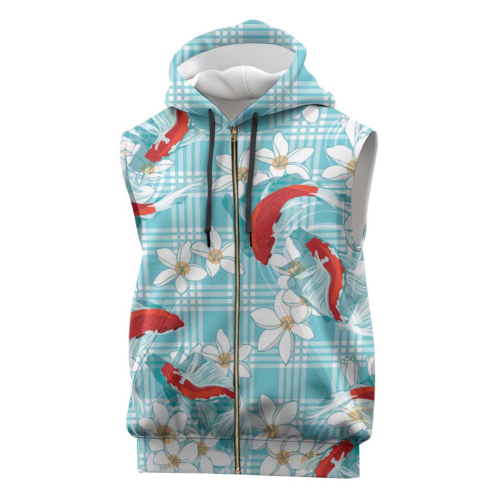 Turquoise Palaka Hawaii Aloha Sleeveless Zip Hoodie Koi Pond Mix Plumeria - Polynesian Pride