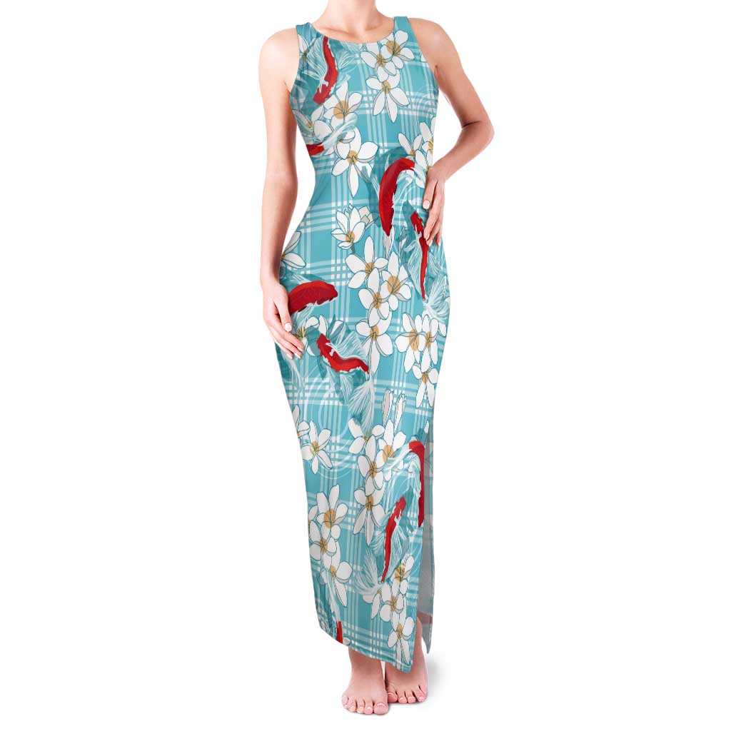 Turquoise Palaka Hawaii Aloha Tank Maxi Dress Koi Pond Mix Plumeria - Polynesian Pride