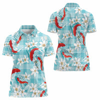 Turquoise Palaka Hawaii Aloha Women Polo Shirt Koi Pond Mix Plumeria - Polynesian Pride