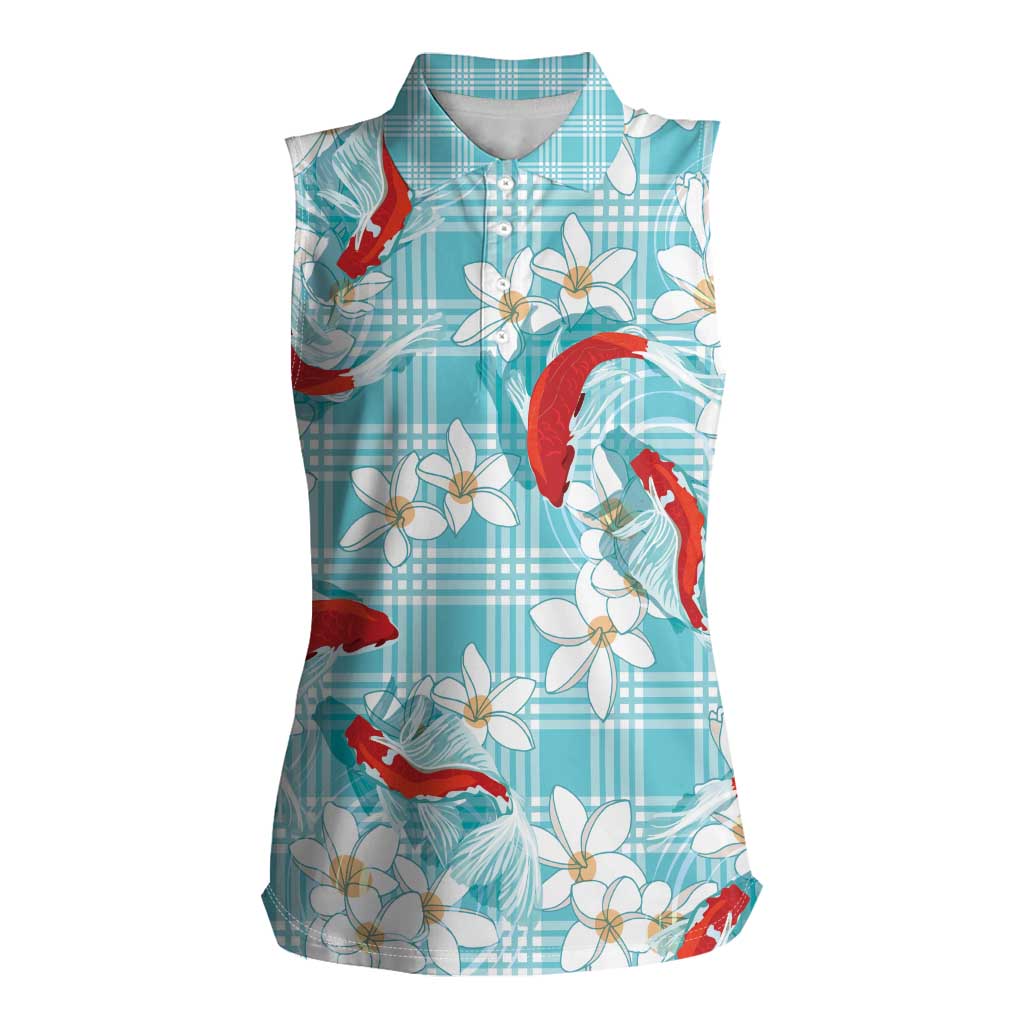 Turquoise Palaka Hawaii Aloha Women Sleeveless Polo Shirt Koi Pond Mix Plumeria - Polynesian Pride