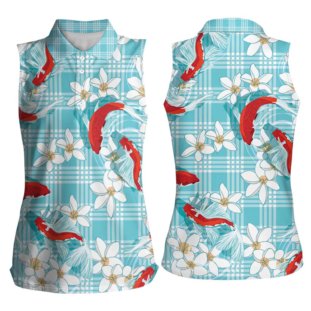 Turquoise Palaka Hawaii Aloha Women Sleeveless Polo Shirt Koi Pond Mix Plumeria - Polynesian Pride
