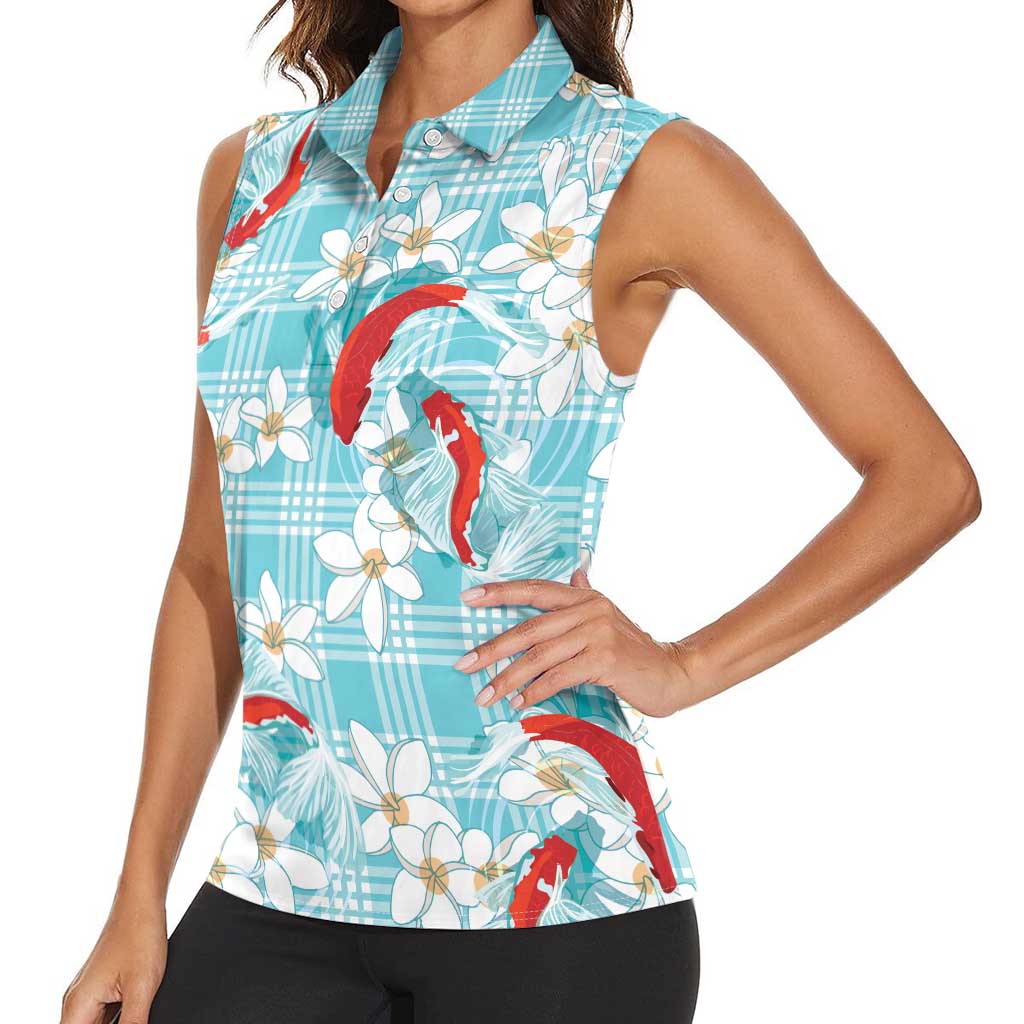 Turquoise Palaka Hawaii Aloha Women Sleeveless Polo Shirt Koi Pond Mix Plumeria - Polynesian Pride