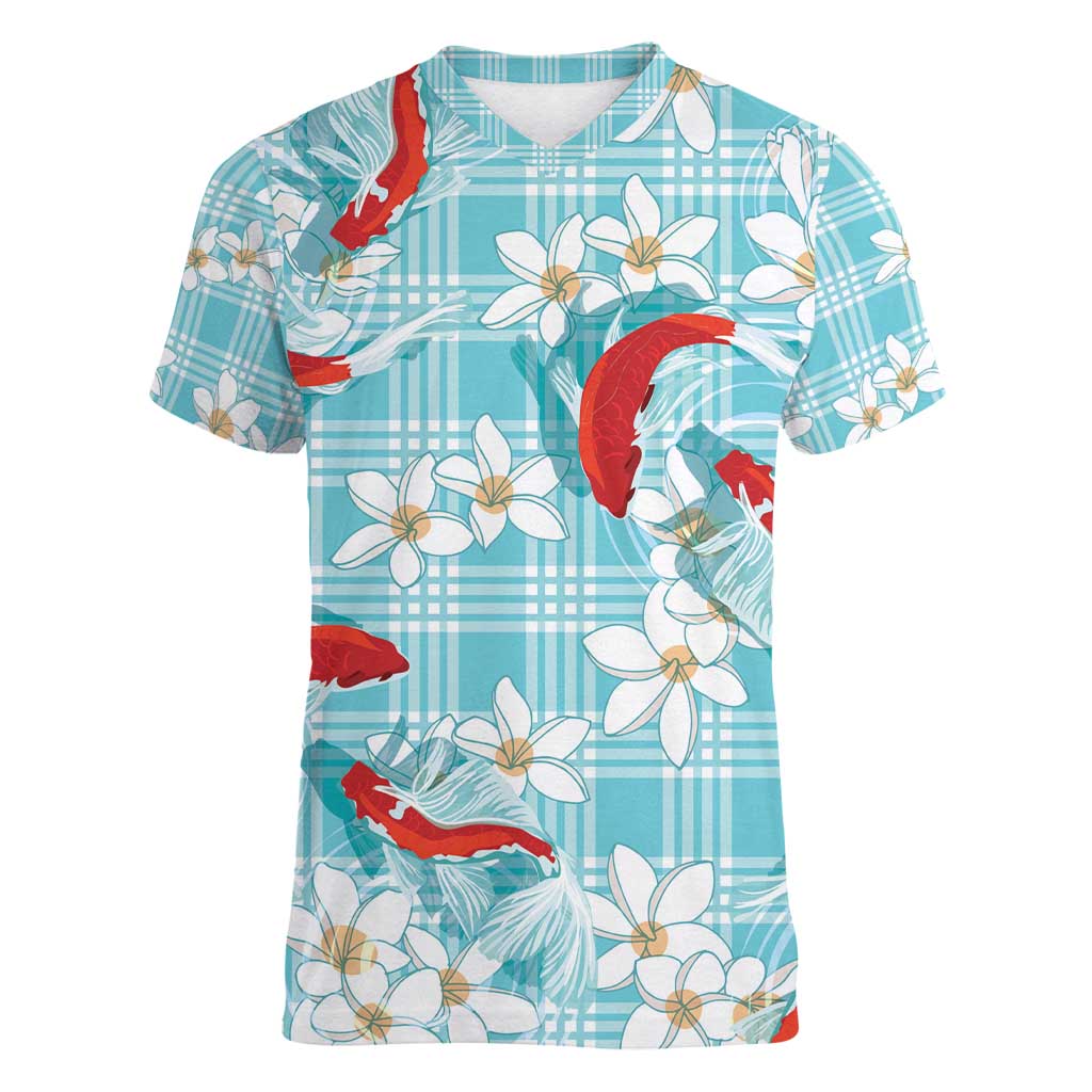 Turquoise Palaka Hawaii Aloha Women V-Neck T-Shirt Koi Pond Mix Plumeria - Polynesian Pride