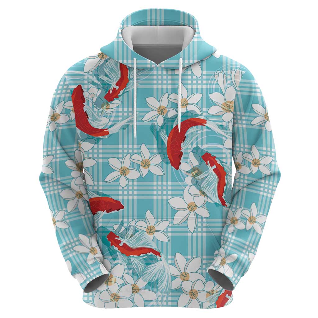Turquoise Palaka Hawaii Aloha Zip Hoodie Koi Pond Mix Plumeria - Polynesian Pride