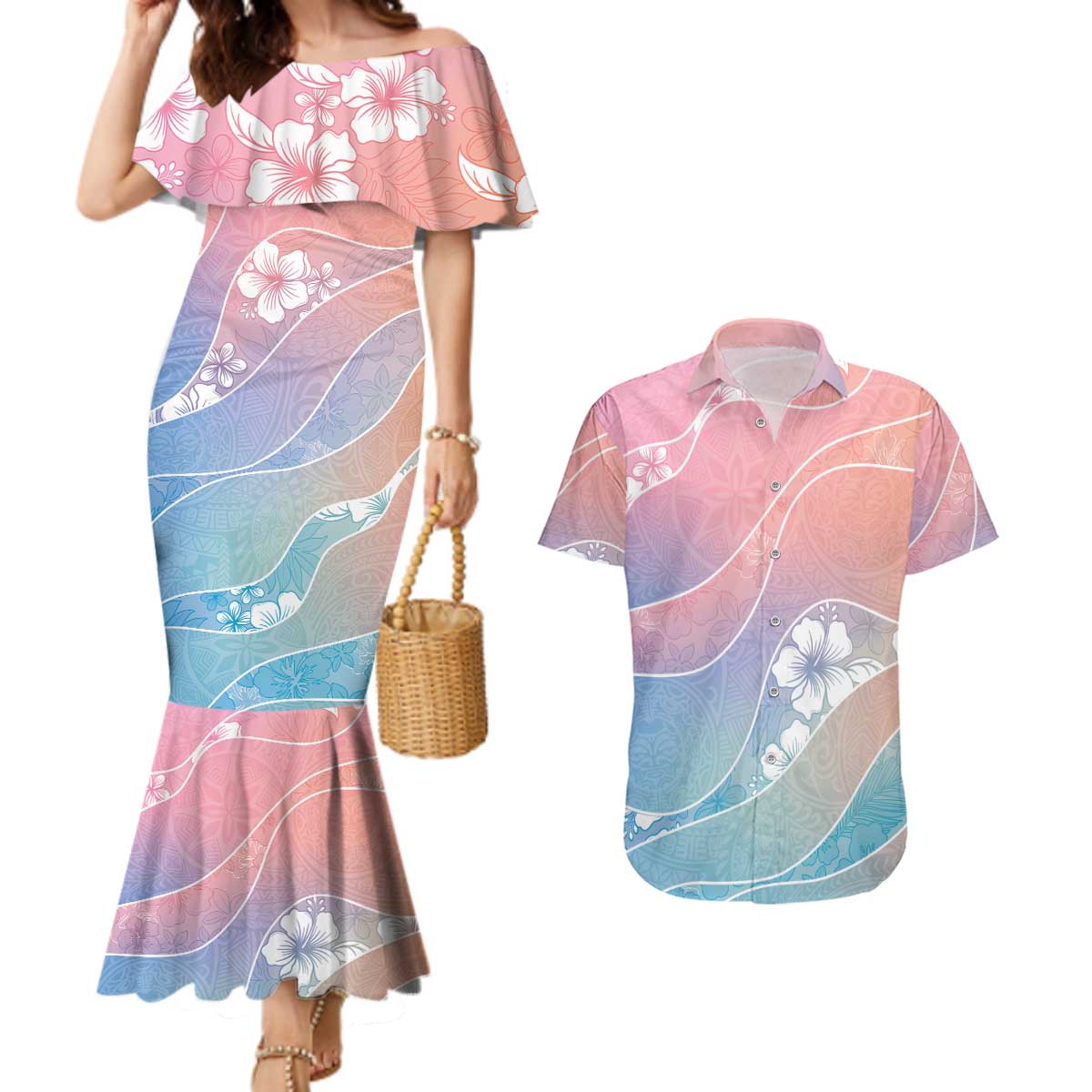 Aloha Hawaii Floral Tapa Couples Matching Mermaid Dress and Hawaiian Shirt Patchwork Pastel Candy LT7 Pastel - Polynesian Pride