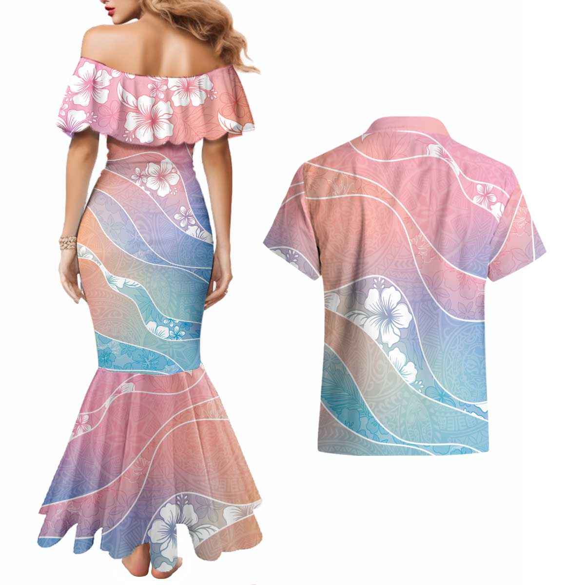 Aloha Hawaii Floral Tapa Couples Matching Mermaid Dress and Hawaiian Shirt Patchwork Pastel Candy - Polynesian Pride
