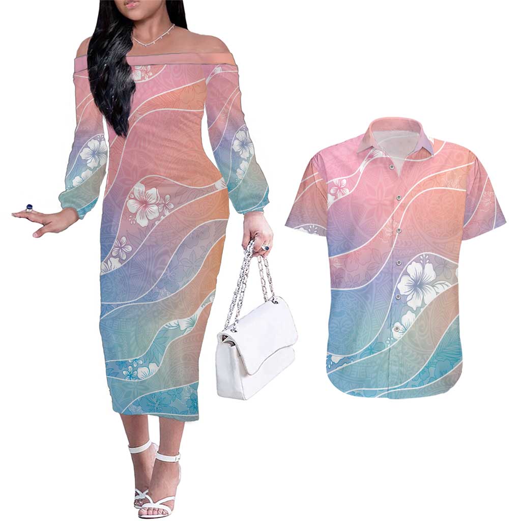 Aloha Hawaii Floral Tapa Couples Matching Off The Shoulder Long Sleeve Dress and Hawaiian Shirt Patchwork Pastel Candy - Polynesian Pride