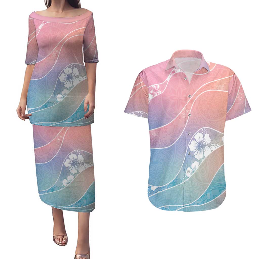 Aloha Hawaii Floral Tapa Couples Matching Puletasi and Hawaiian Shirt Patchwork Pastel Candy - Polynesian Pride