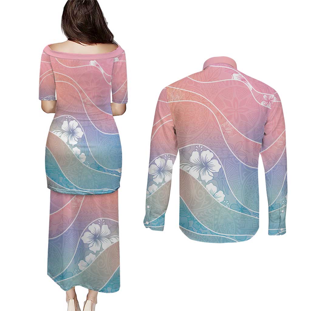 Aloha Hawaii Floral Tapa Couples Matching Puletasi and Long Sleeve Button Shirt Patchwork Pastel Candy - Polynesian Pride