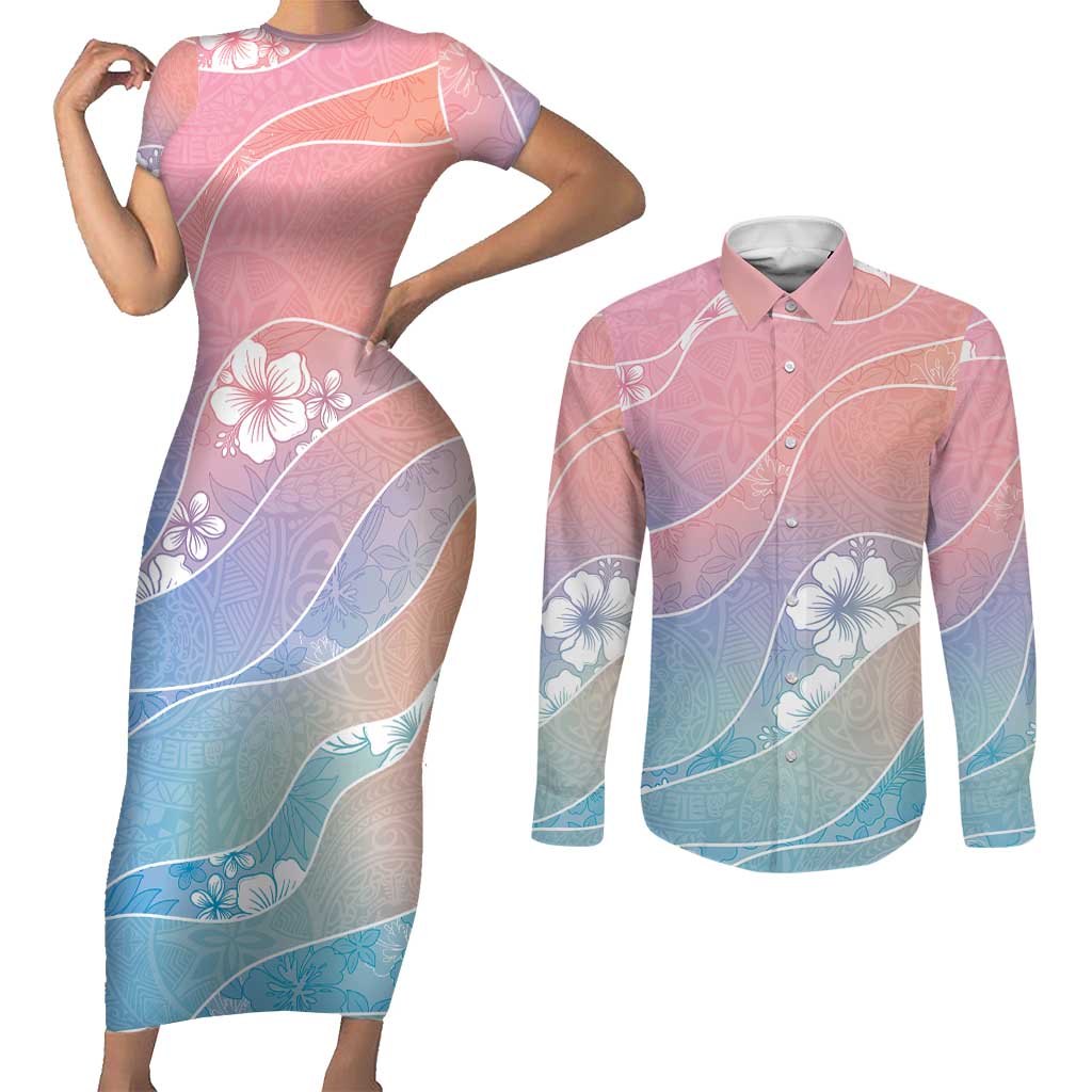 Aloha Hawaii Floral Tapa Couples Matching Short Sleeve Bodycon Dress and Long Sleeve Button Shirt Patchwork Pastel Candy - Polynesian Pride