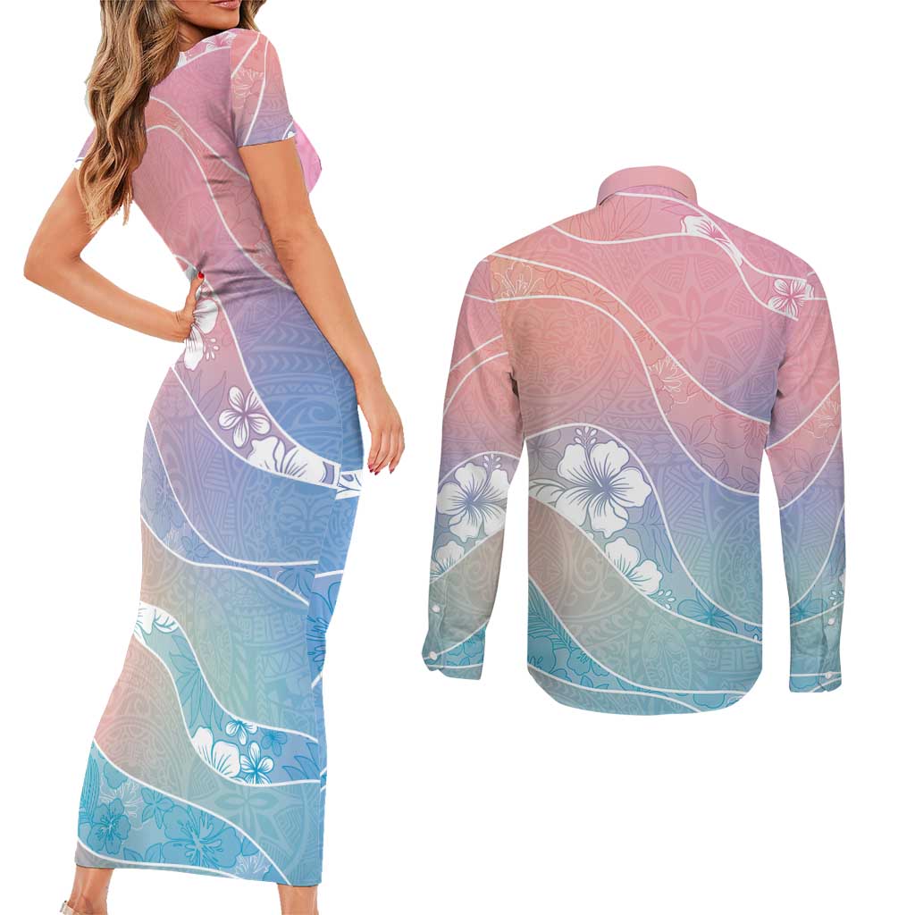 Aloha Hawaii Floral Tapa Couples Matching Short Sleeve Bodycon Dress and Long Sleeve Button Shirt Patchwork Pastel Candy - Polynesian Pride
