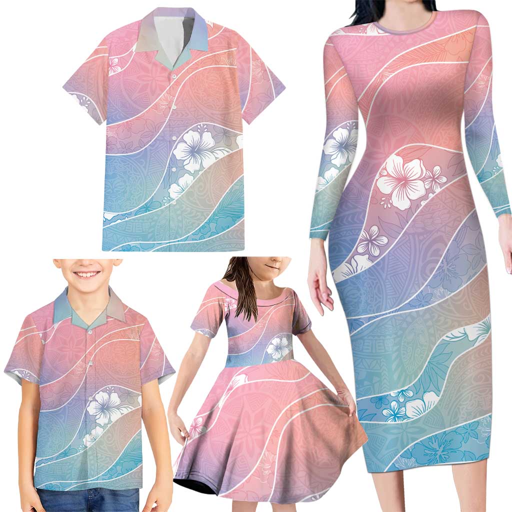 Aloha Hawaii Floral Tapa Family Matching Long Sleeve Bodycon Dress and Hawaiian Shirt Patchwork Pastel Candy - Polynesian Pride