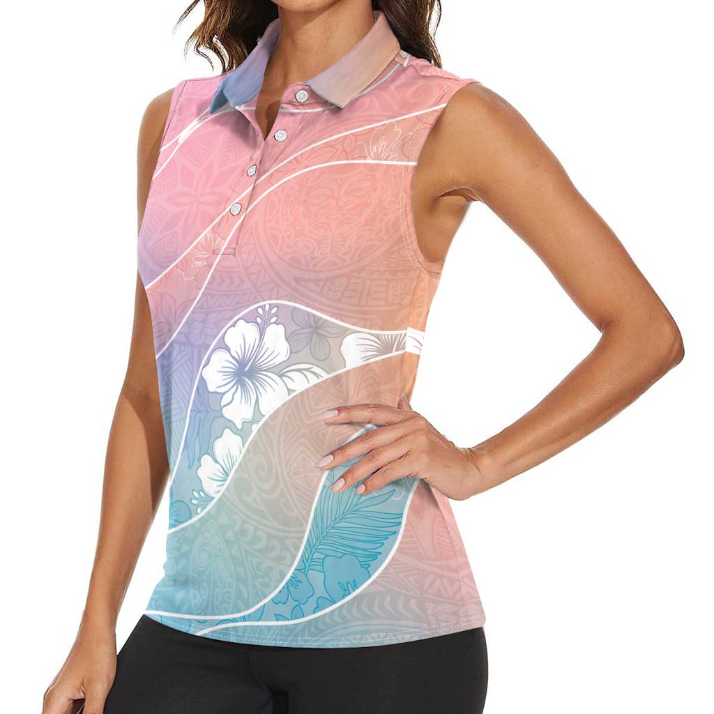 Aloha Hawaii Floral Tapa Women Sleeveless Polo Shirt Patchwork Pastel Candy - Polynesian Pride