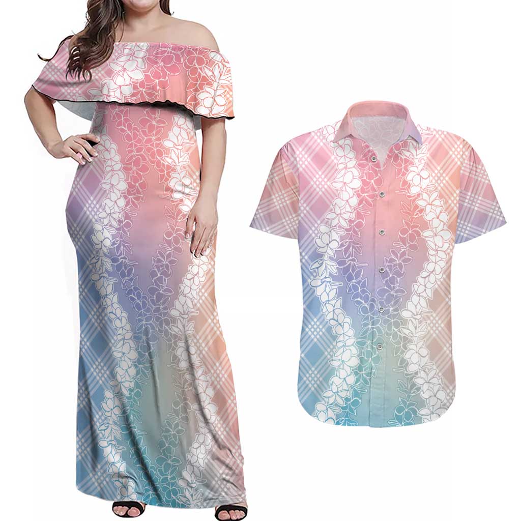Hawaii Aloha Plumeria Lei Pastel Candy Palaka Couples Matching Off Shoulder Maxi Dress and Hawaiian Shirt LT7 Pastel - Polynesian Pride
