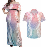 Hawaii Aloha Plumeria Lei Pastel Candy Palaka Couples Matching Off Shoulder Maxi Dress and Hawaiian Shirt LT7 Pastel - Polynesian Pride