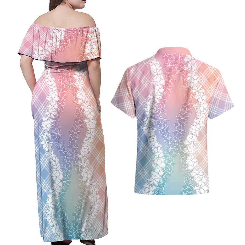 Hawaii Aloha Plumeria Lei Pastel Candy Palaka Couples Matching Off Shoulder Maxi Dress and Hawaiian Shirt LT7 - Polynesian Pride