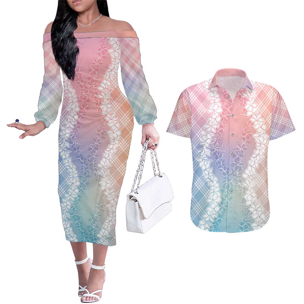 Hawaii Aloha Plumeria Lei Pastel Candy Palaka Couples Matching Off The Shoulder Long Sleeve Dress and Hawaiian Shirt - Polynesian Pride