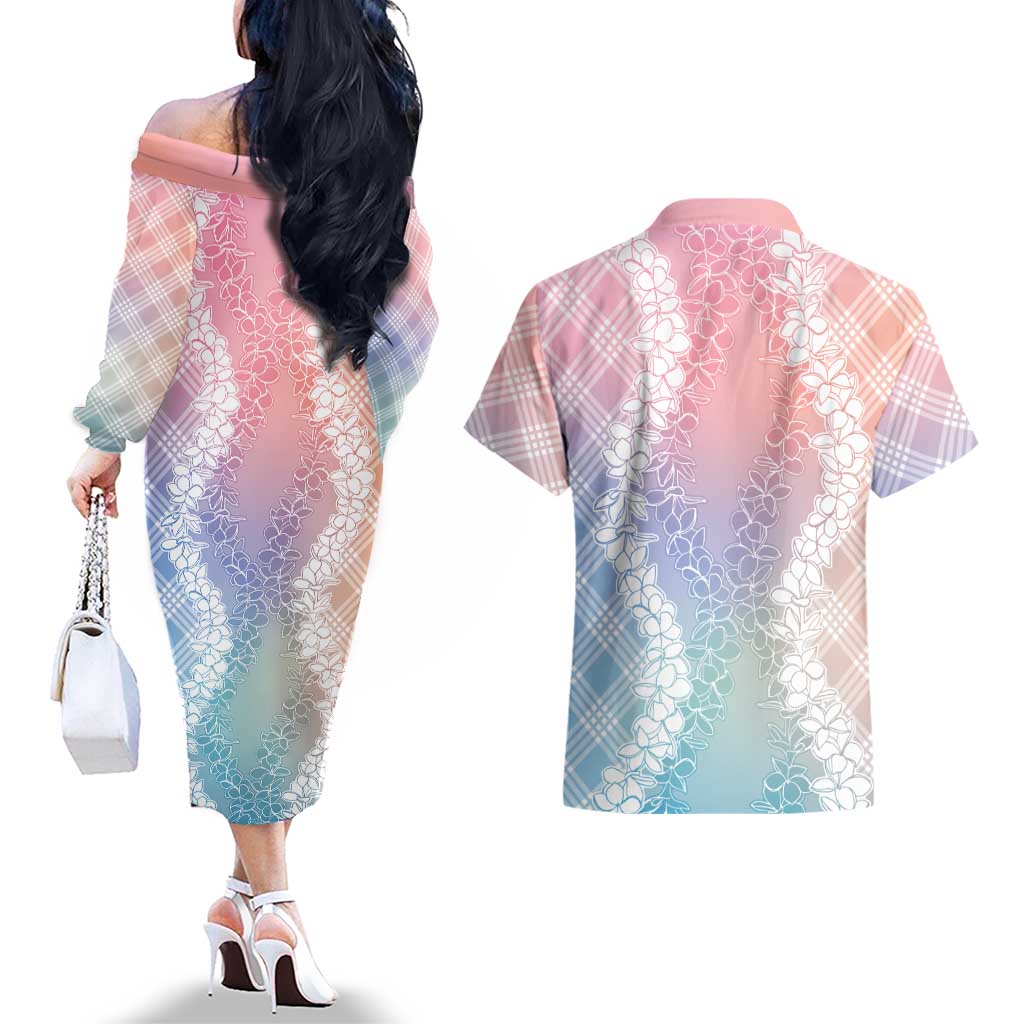 Hawaii Aloha Plumeria Lei Pastel Candy Palaka Couples Matching Off The Shoulder Long Sleeve Dress and Hawaiian Shirt - Polynesian Pride
