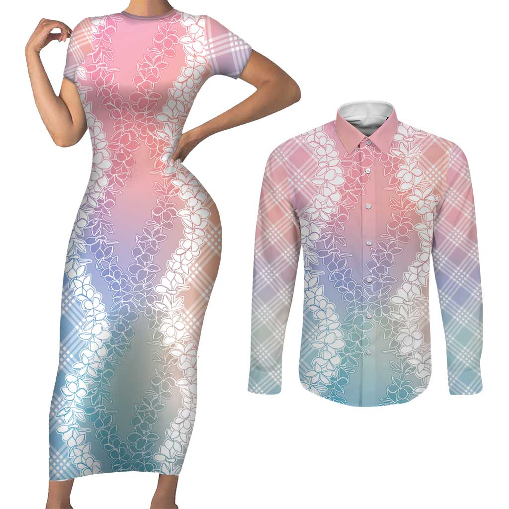 Hawaii Aloha Plumeria Lei Pastel Candy Palaka Couples Matching Short Sleeve Bodycon Dress and Long Sleeve Button Shirt LT7 Pastel - Polynesian Pride