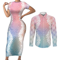 Hawaii Aloha Plumeria Lei Pastel Candy Palaka Couples Matching Short Sleeve Bodycon Dress and Long Sleeve Button Shirt LT7 Pastel - Polynesian Pride