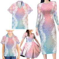 Hawaii Aloha Plumeria Lei Pastel Candy Palaka Family Matching Long Sleeve Bodycon Dress and Hawaiian Shirt - Polynesian Pride