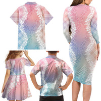 Hawaii Aloha Plumeria Lei Pastel Candy Palaka Family Matching Long Sleeve Bodycon Dress and Hawaiian Shirt - Polynesian Pride