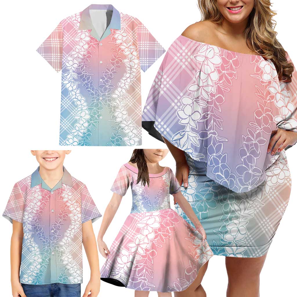 Hawaii Aloha Plumeria Lei Pastel Candy Palaka Family Matching Off Shoulder Short Dress and Hawaiian Shirt - Polynesian Pride