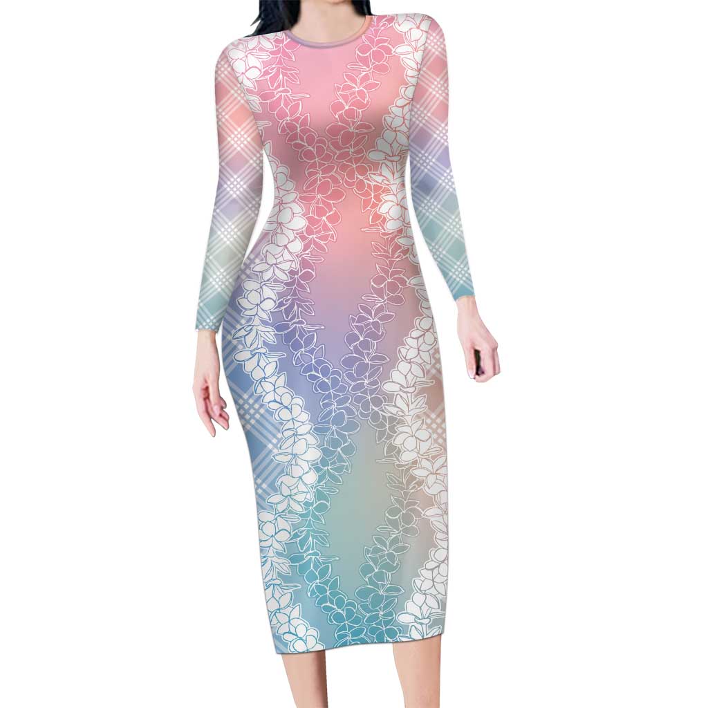 Hawaii Aloha Plumeria Lei Pastel Candy Palaka Long Sleeve Bodycon Dress LT7 Long Dress Pastel - Polynesian Pride
