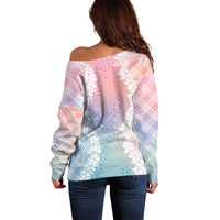 Hawaii Aloha Plumeria Lei Pastel Candy Palaka Off Shoulder Sweater LT7 - Polynesian Pride