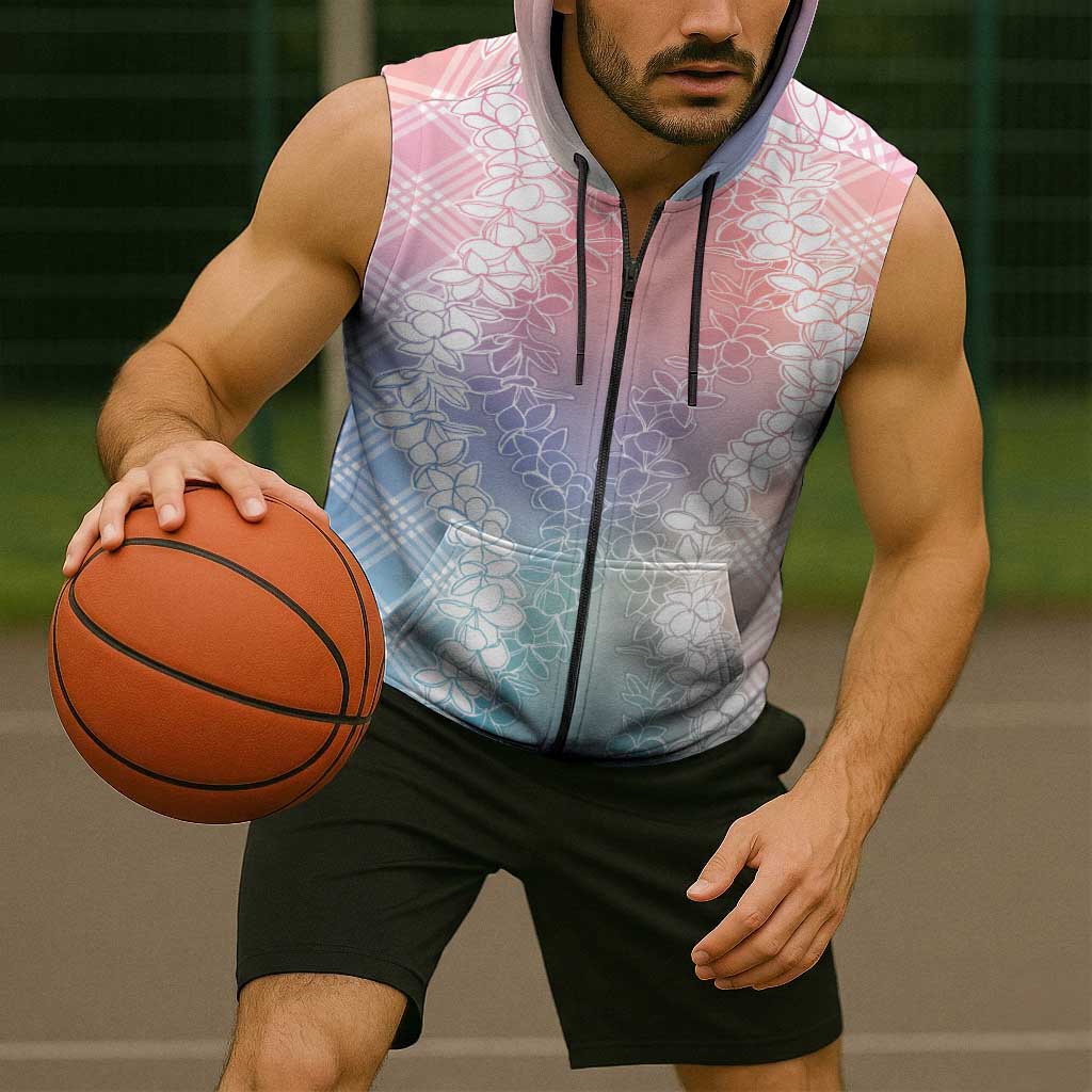 Hawaii Aloha Plumeria Lei Pastel Candy Palaka Sleeveless Zip Hoodie - Polynesian Pride