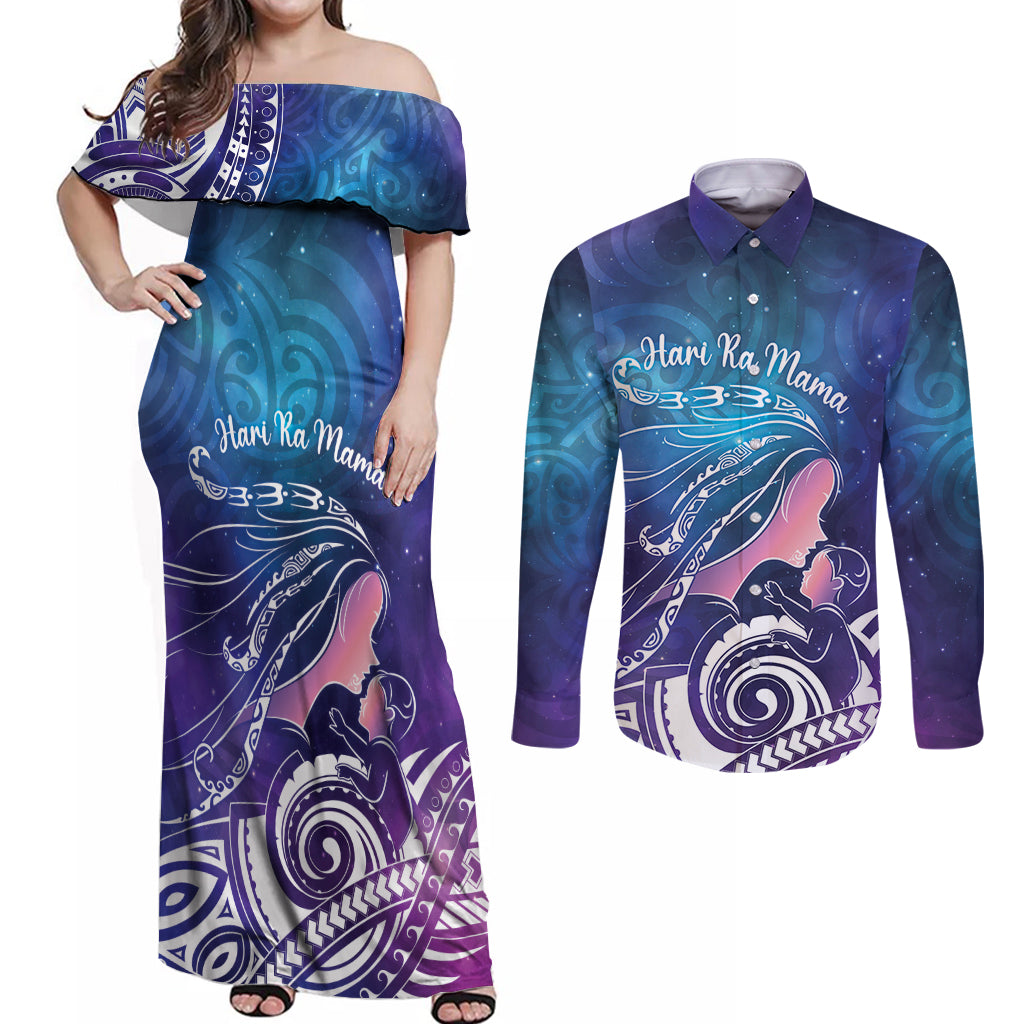 New Zealand Mother's Day Couples Matching Off Shoulder Maxi Dress and Long Sleeve Button Shirt Maori Hari Ra Mama