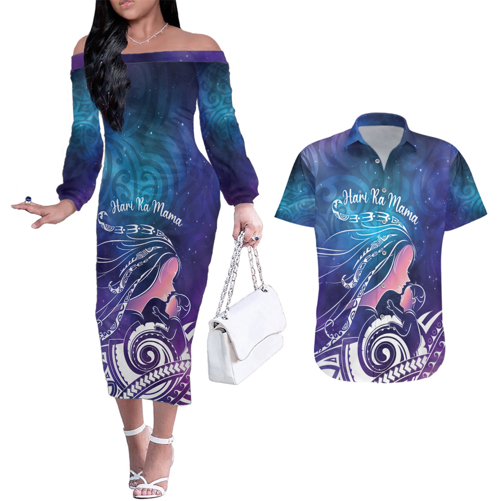 New Zealand Mother's Day Couples Matching Off The Shoulder Long Sleeve Dress and Hawaiian Shirt Maori Hari Ra Mama